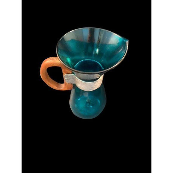 Vintage Blown Glass Turquoise Teal Water Wine Beverage Carafe Wood Metal Handle - Picture 2 of 11
